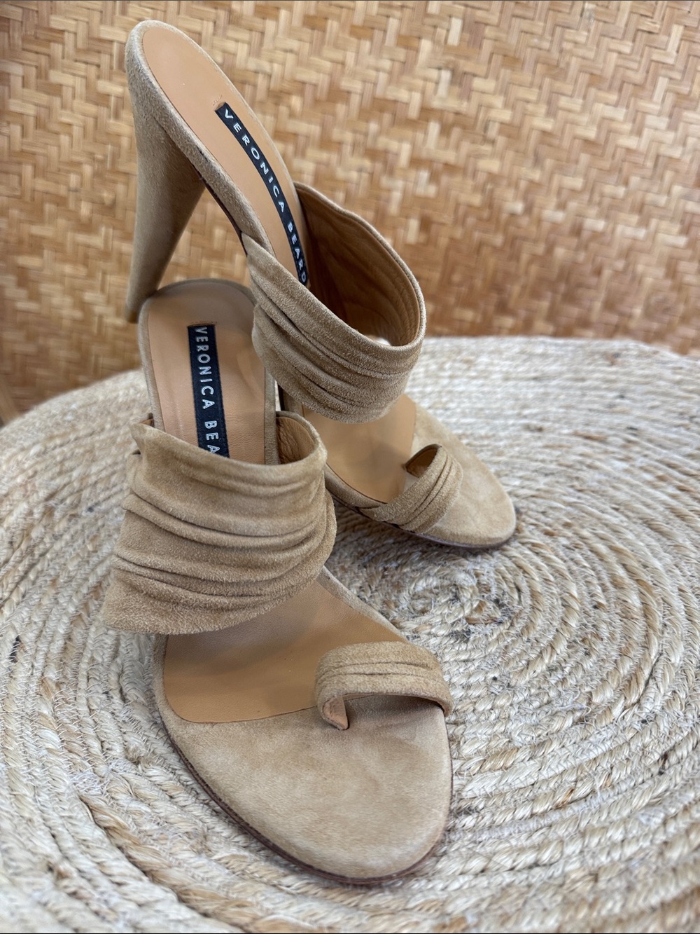 Veronica Beard Suede Tan Ruched Strap High Heel Sandals